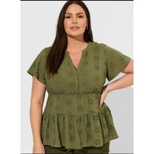 Torrid Plus Size Olive Green Babydoll Eyelet Tiered Top Sz 4X Stretchy waist N92